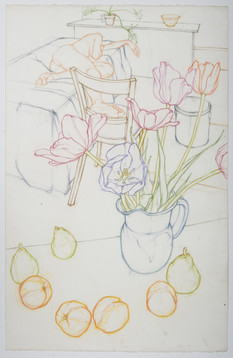 Interior Nude with Tulips, 1986, Pastel pencil on paper, 40" x 26"