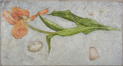 Fallen Flower 1, 2000, Oil on paper mounted on panel, 11" X 25"